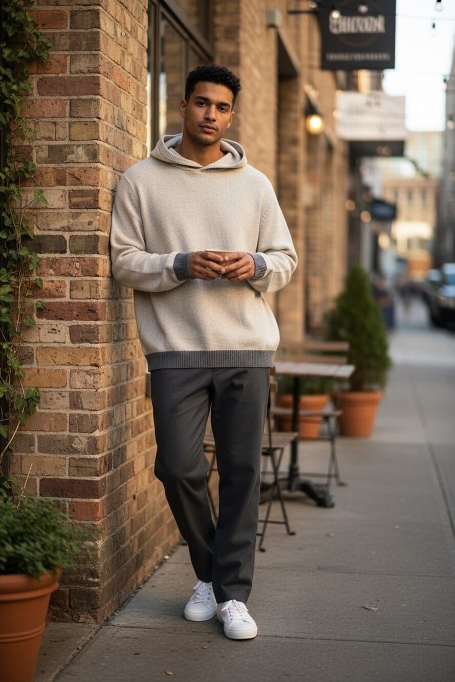 Goodfellow & Co Mens XL Knit Hoodie Sweater NWT Beige Gray Trim Pullover